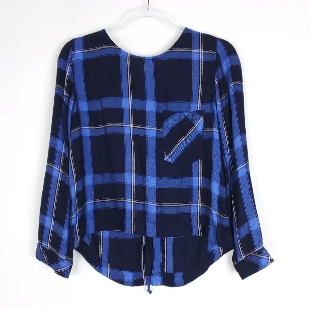 Cloth & Stone Plaid Rayon Lace Back Blouse